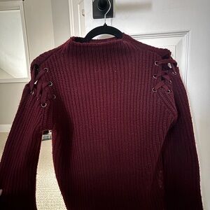 John + Jenn Lace-Up Shoulder Ribbed Sweater - Burgundy